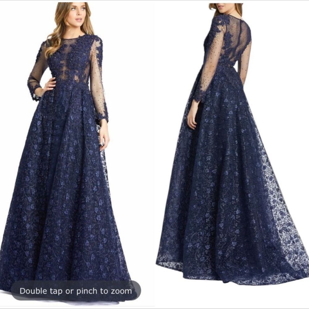 Mac Duggal 20100 Navy Embellished Lace LongāSleeve Ball Gown| 6